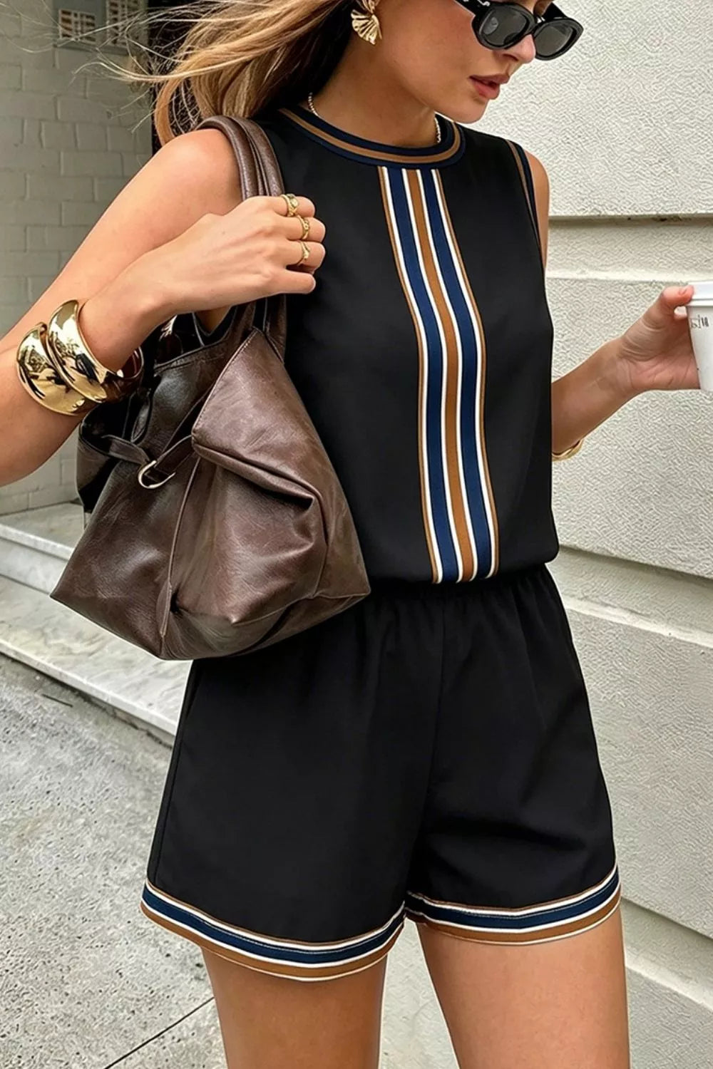 Striped Sleeveless Top And Shorts Set in Black, fit detail