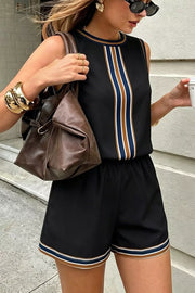 Striped Sleeveless Top And Shorts Set in Black, fit detail