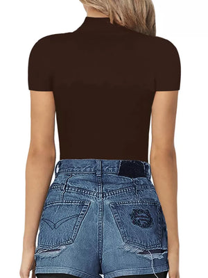 Dark brown mock neck short sleeve bodysuit shown from the back.