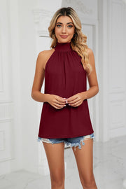 Wine halter neck blouse with gathered neckline and bow-back detail
