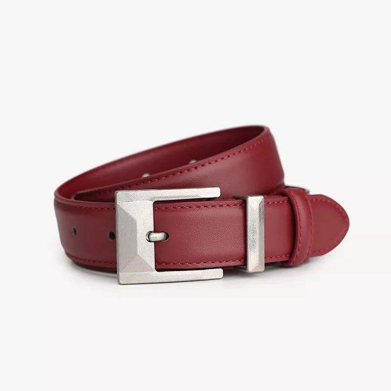 Wine red cowhide leather belt with geometric silver buckle