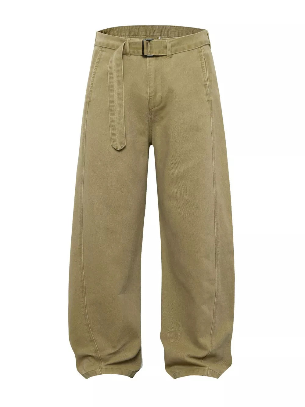 Belted wide-leg cargo pants in card color with a fabric belt and black buckle.