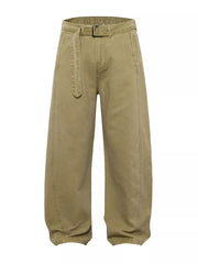 Belted wide-leg cargo pants in card color with a fabric belt and black buckle.