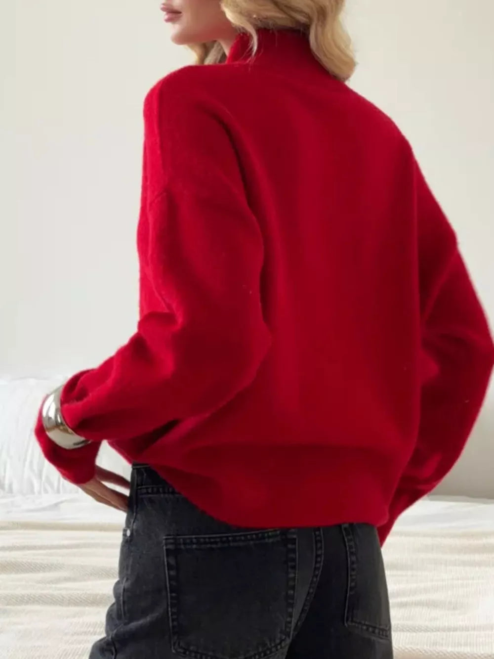 Relaxed mock neck knit sweater in Scarlet, acrylic blend, with a comfortable fit.