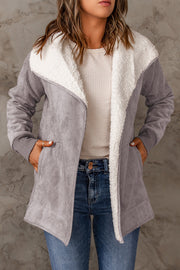 Gray suede-effect jacket with sherpa collar and cuffs, open front, relaxed fit
