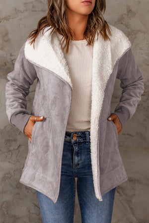 Gray suede-effect jacket with sherpa collar and cuffs, open front, relaxed fit