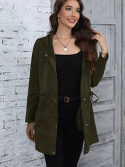 Army green hooded drawstring casual jacket with zip and button closure.