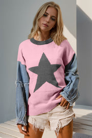 Blush pink knit sweater with gray star detail and denim sleeves.