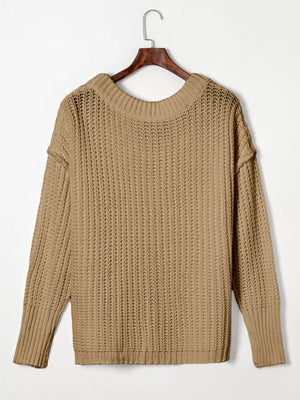Ribbed Knit Round Neck Chunky Sweater in White, view 14
