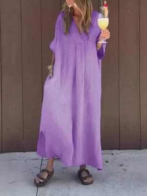 Full Size V-neck Maxi Dress Plus Size in Navy Blue, view 17