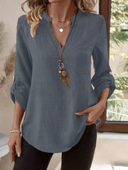 Casual V-neck Roll-sleeve T-shirt With Pocket in Khaki, alternate angle