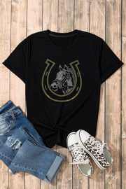 Black tee with rhinestone horseshoe and horse motif.