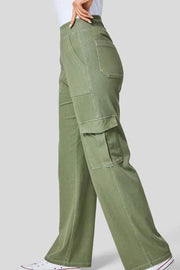 Utility denim wide-leg cargo pants in Matcha Green with multiple pockets.