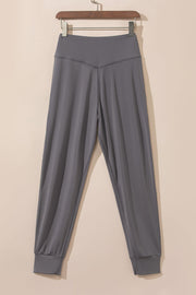Dark gray joggers with a V-shaped waistband and cuffed ankles.