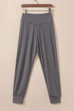 Dark gray joggers with a V-shaped waistband and cuffed ankles.