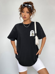 Black t-shirt with a white ghost graphic holding a coffee cup.
