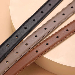 Leather belts in black, khaki, and brown with adjustable holes and stitching detail.