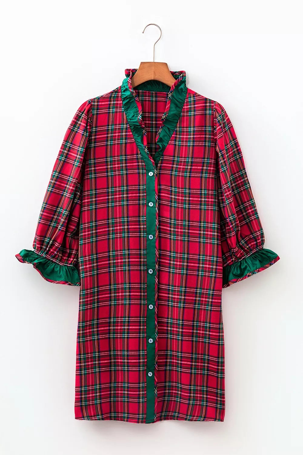 Plaid Ruffle Cuff Button Front Mini Dress in Deep Red, editorial view