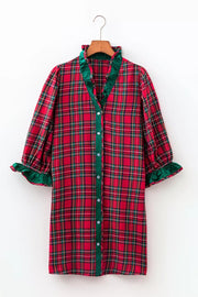Plaid Ruffle Cuff Button Front Mini Dress in Deep Red, editorial view