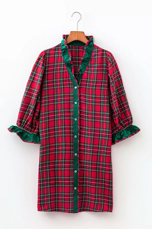 Plaid Ruffle Cuff Button Front Mini Dress in Deep Red, editorial view