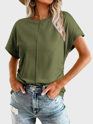 Moss green seamed front ruched sleeve tee with crew neck and cuffed short sleeves.
