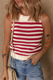 Textured stripe knit tank top with crewneck and ribbed hem.