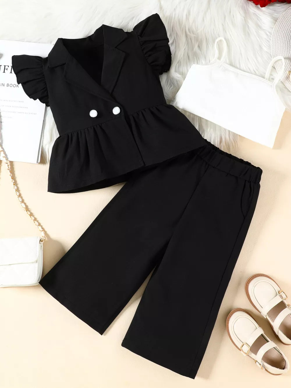 Toddler black ruffle sleeve blazer set with white cami and wide leg pants