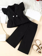 Toddler black ruffle sleeve blazer set with white cami and wide leg pants