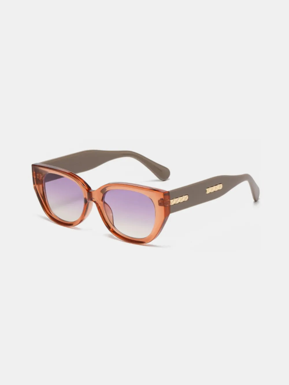 Sculpted cat eye sunglasses in translucent peach with gradient purple lenses and taupe temples.