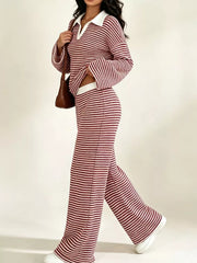 Striped Long Sleeve Polo And Wide-leg Pants Set in Green, model styling view