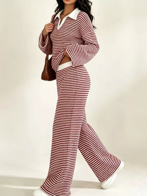 Striped Long Sleeve Polo And Wide-leg Pants Set in Green, model styling view