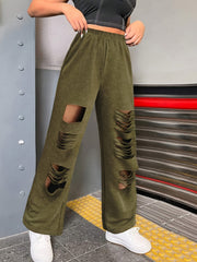 Army green distressed wide-leg lounge trousers with ripped details
