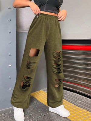 Army green distressed wide-leg lounge trousers with ripped details