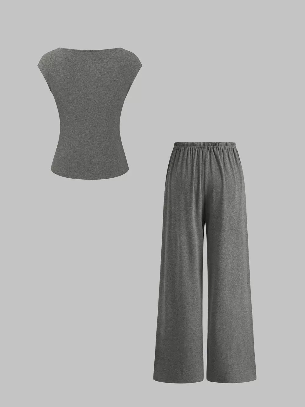Grey boat-neck cap sleeve top and wide-leg drawstring pants set