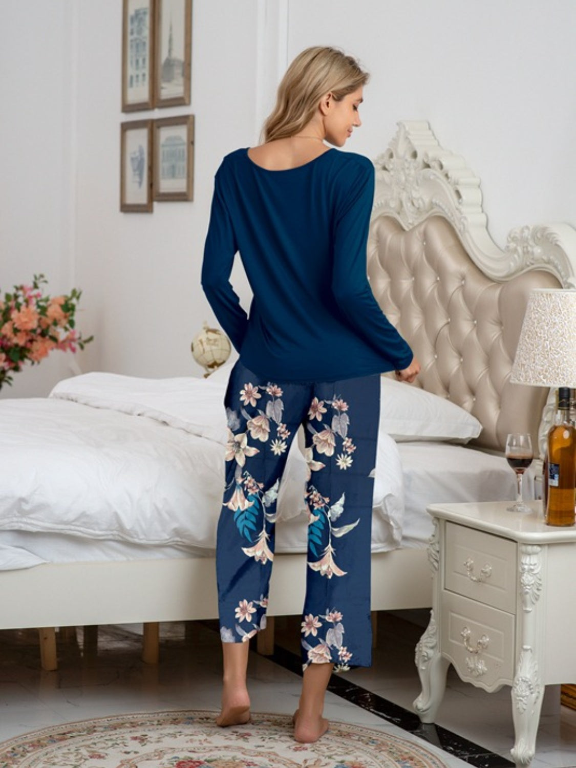 Dark blue botanical print lounge set with long sleeve top and tie waist pants