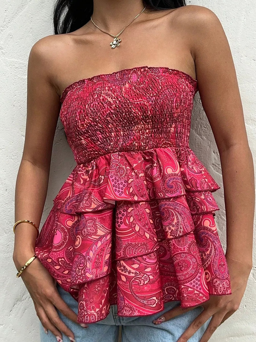 Smocked Layered Paisley Print Tube Top, side view