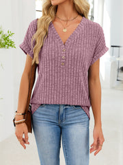 Ribbed knit v-neck t-shirt with buttons in burgundy, short sleeves, casual style.