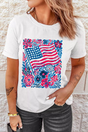 White polyester graphic t-shirt with American flag and floral print.