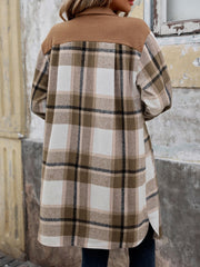 Tonal plaid shacket in coffee brown with sherpa accents on the shoulders and collar.