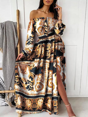 Off-shoulder maxi dress with baroque print, balloon sleeves, and a high slit in Gold Black.
