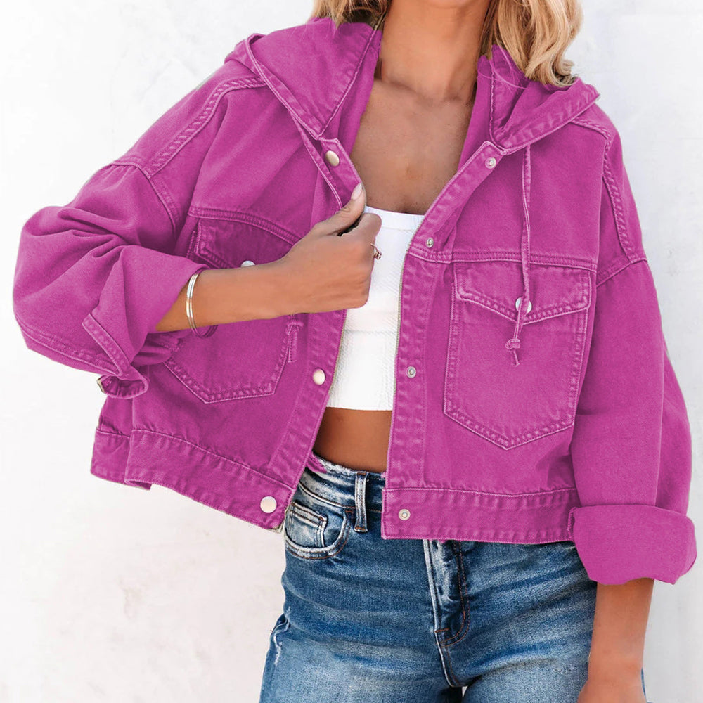 Fuchsia denim utility hoodie with drawstring hood, buttoned pockets and cuffs.