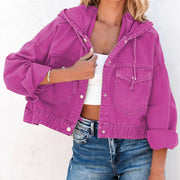 Fuchsia denim utility hoodie with drawstring hood, buttoned pockets and cuffs.
