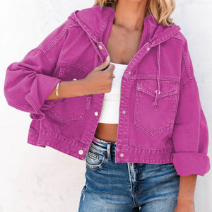 Fuchsia denim utility hoodie with drawstring hood, buttoned pockets and cuffs.