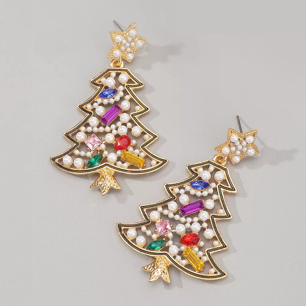 Festive dangle earrings shaped like Christmas trees with colorful rhinestones and pearl accents.