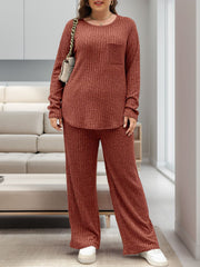 Ribbed knit lounge set in Terracotta with long sleeves, crew neck, chest pocket, and wide-leg pants.