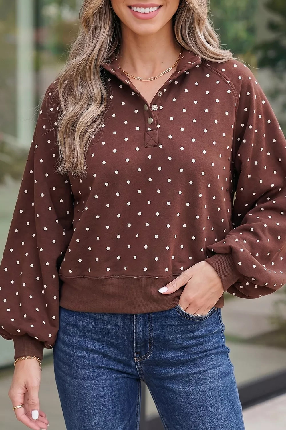 Polka Dot Metal Button Collar Sweatshirt in Blush Pink, fabric detail