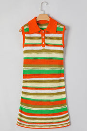 Striped crochet polo mini dress with orange collar and button placket.