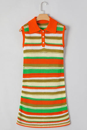 Striped crochet polo mini dress with orange collar and button placket.
