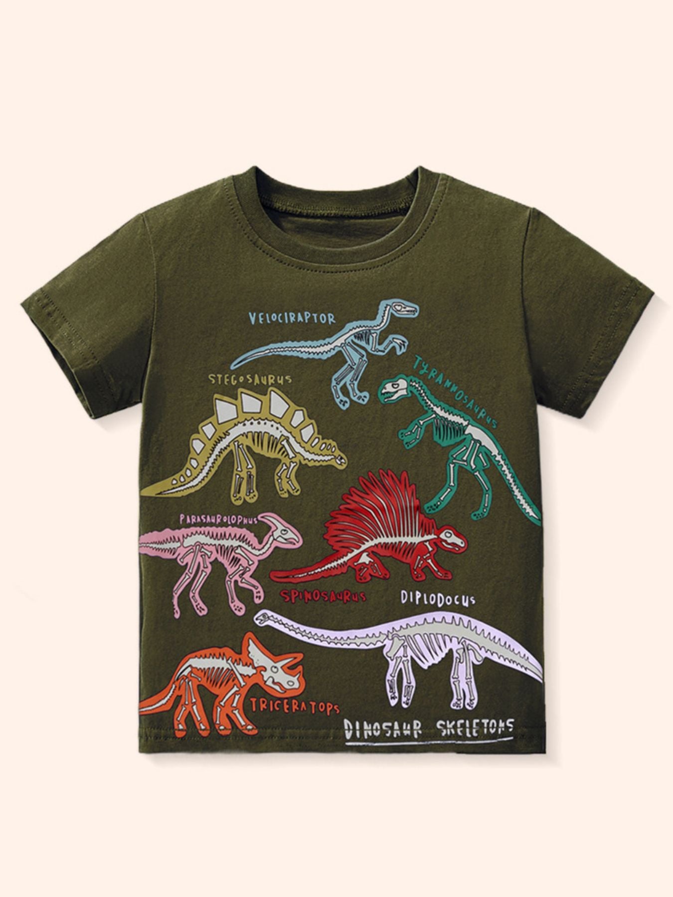 Olive green toddler t-shirt with colorful dinosaur skeleton prints and names.