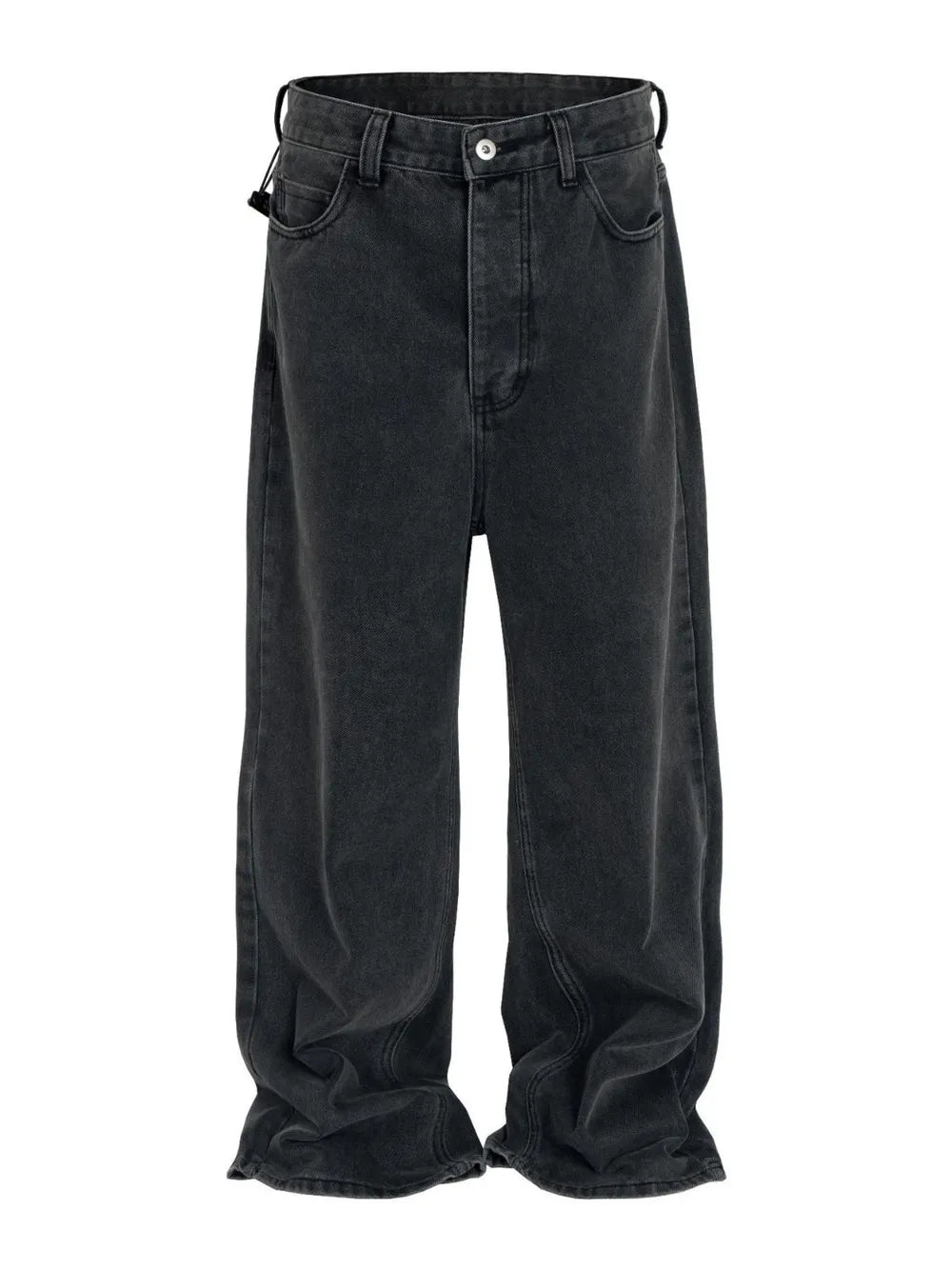 Baggy dark wash denim jeans with a sculpted hemline and relaxed fit.